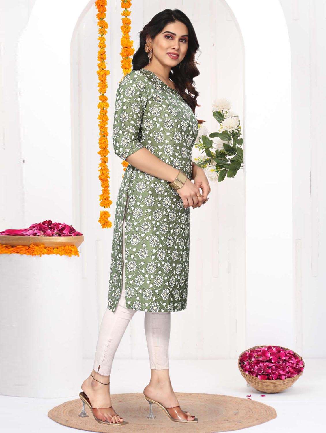 women printed three quarter sleeve straight kurta - 21965885 -  Standard Image - 2