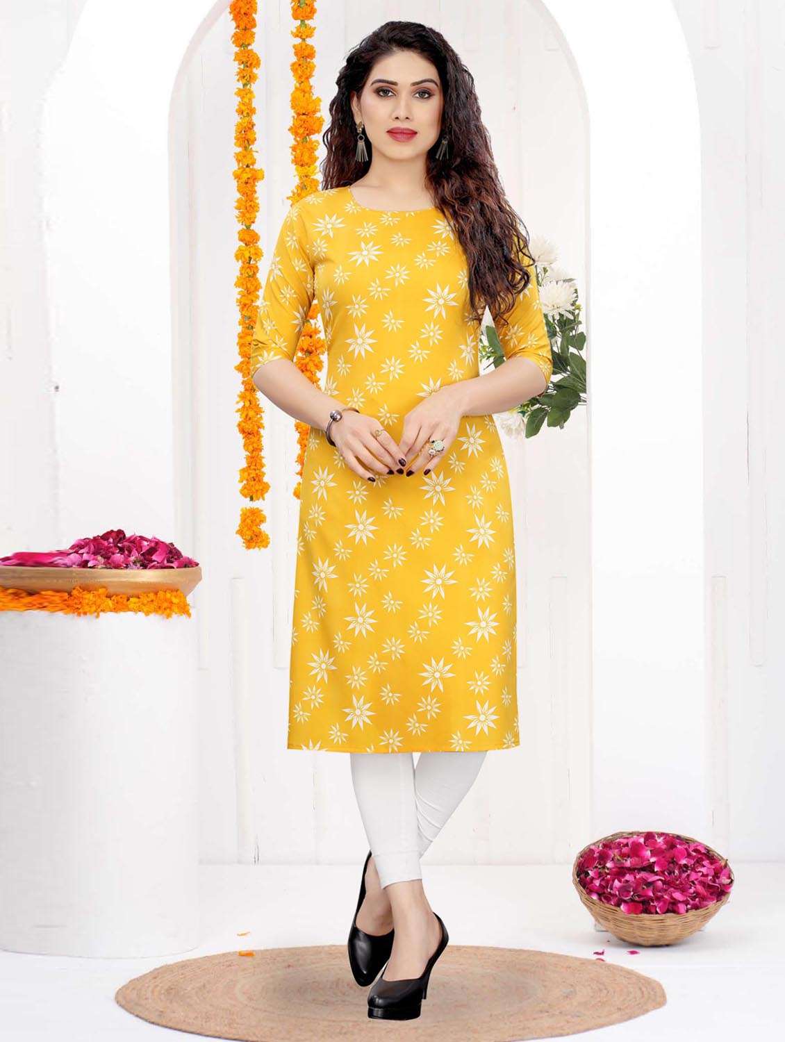 women printed three quarter sleeve straight kurta
