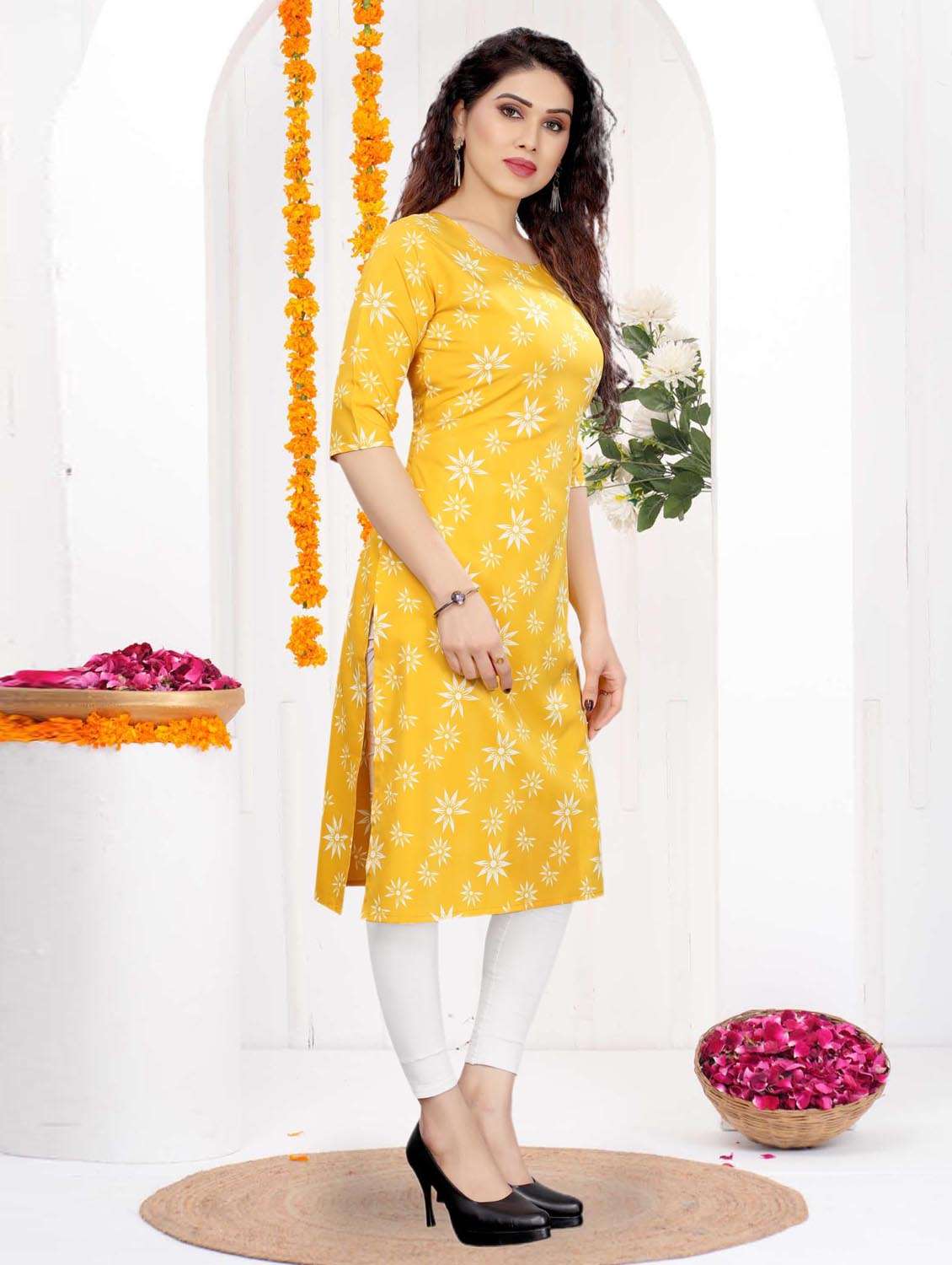 women printed three quarter sleeve straight kurta - 21965886 -  Standard Image - 2