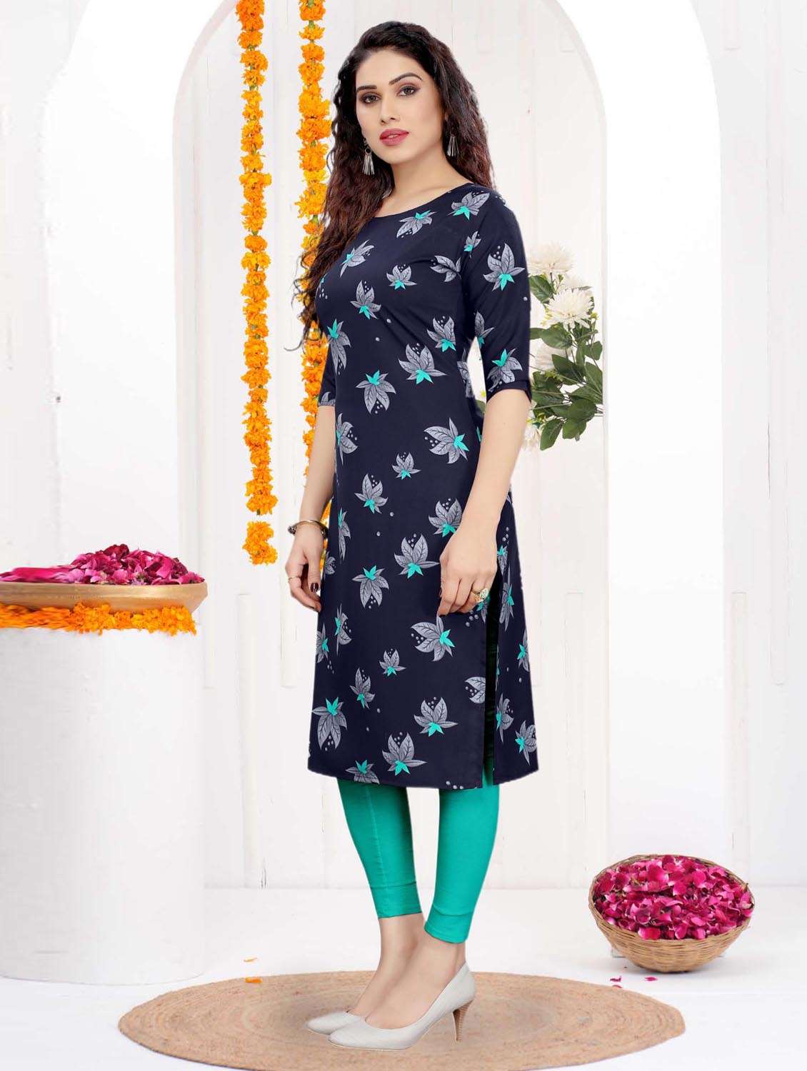 women printed three quarter sleeve straight kurta - 21965889 -  Standard Image - 2