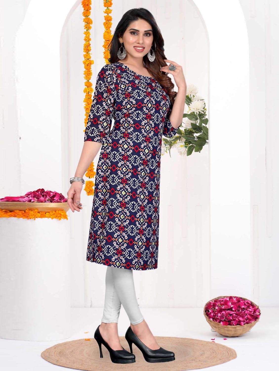 women printed three quarter sleeve straight kurta - 21965891 -  Standard Image - 2