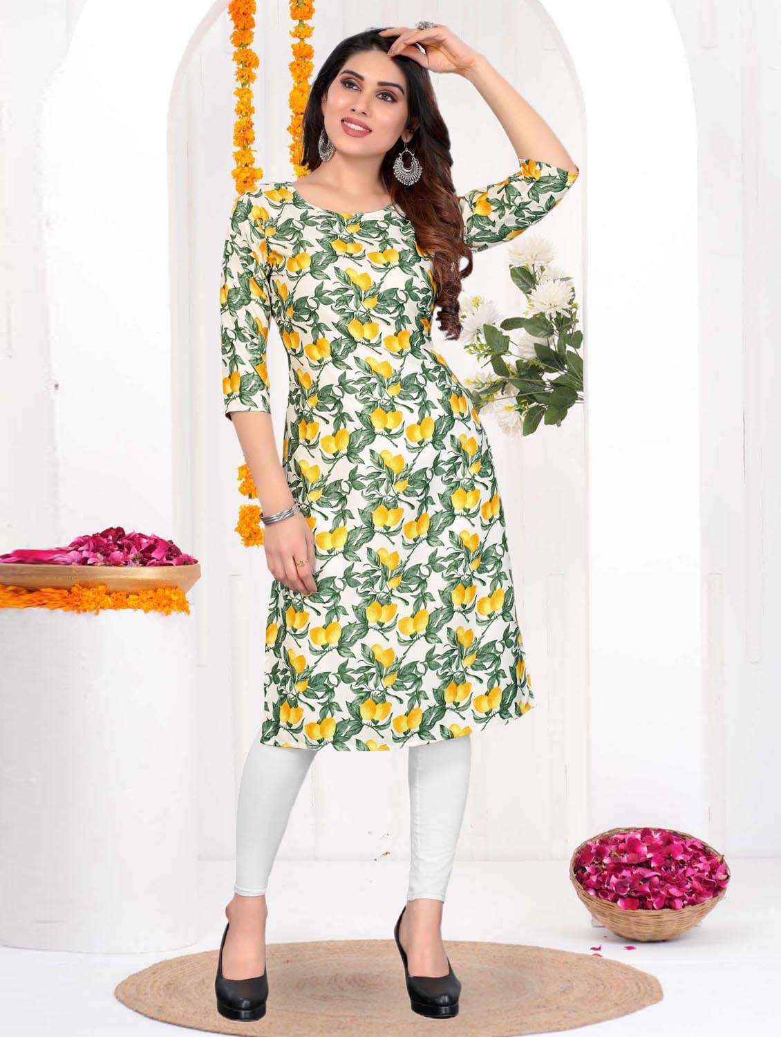 women printed three quarter sleeve straight kurta
