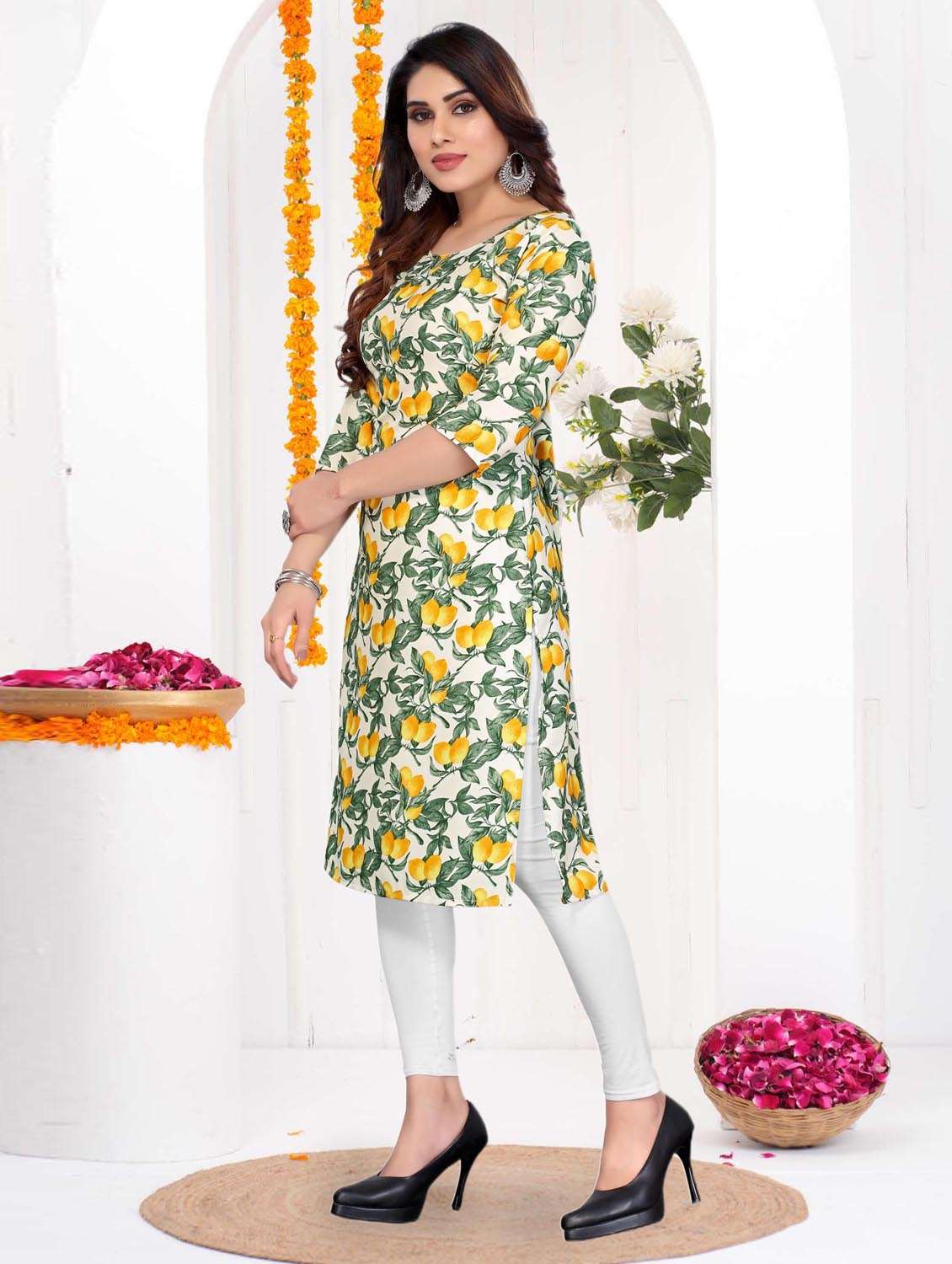 women printed three quarter sleeve straight kurta - 21965892 -  Standard Image - 2