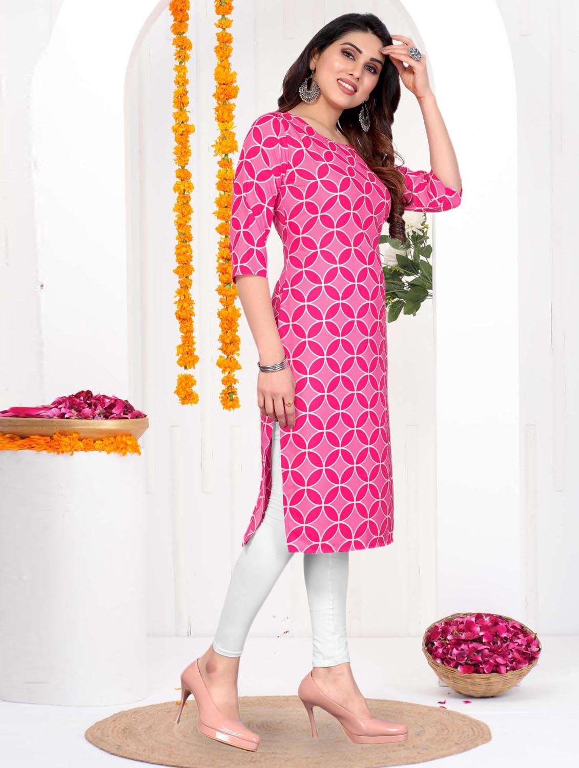 women printed three quarter sleeve straight kurta - 21965893 -  Standard Image - 2