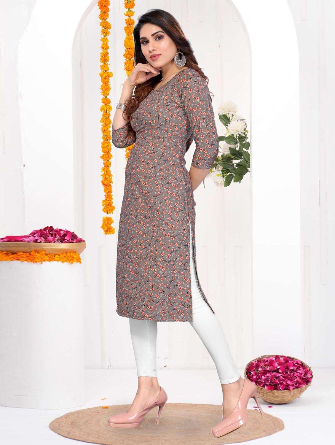 women printed three quarter sleeve straight kurta - 21965894 -  Standard Image - 2
