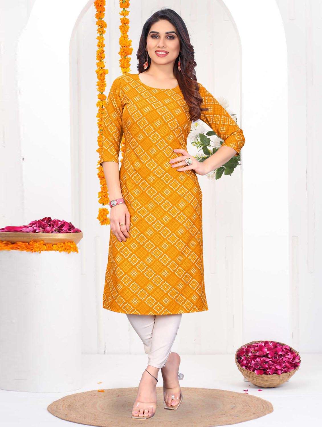 women printed three quarter sleeve straight kurta