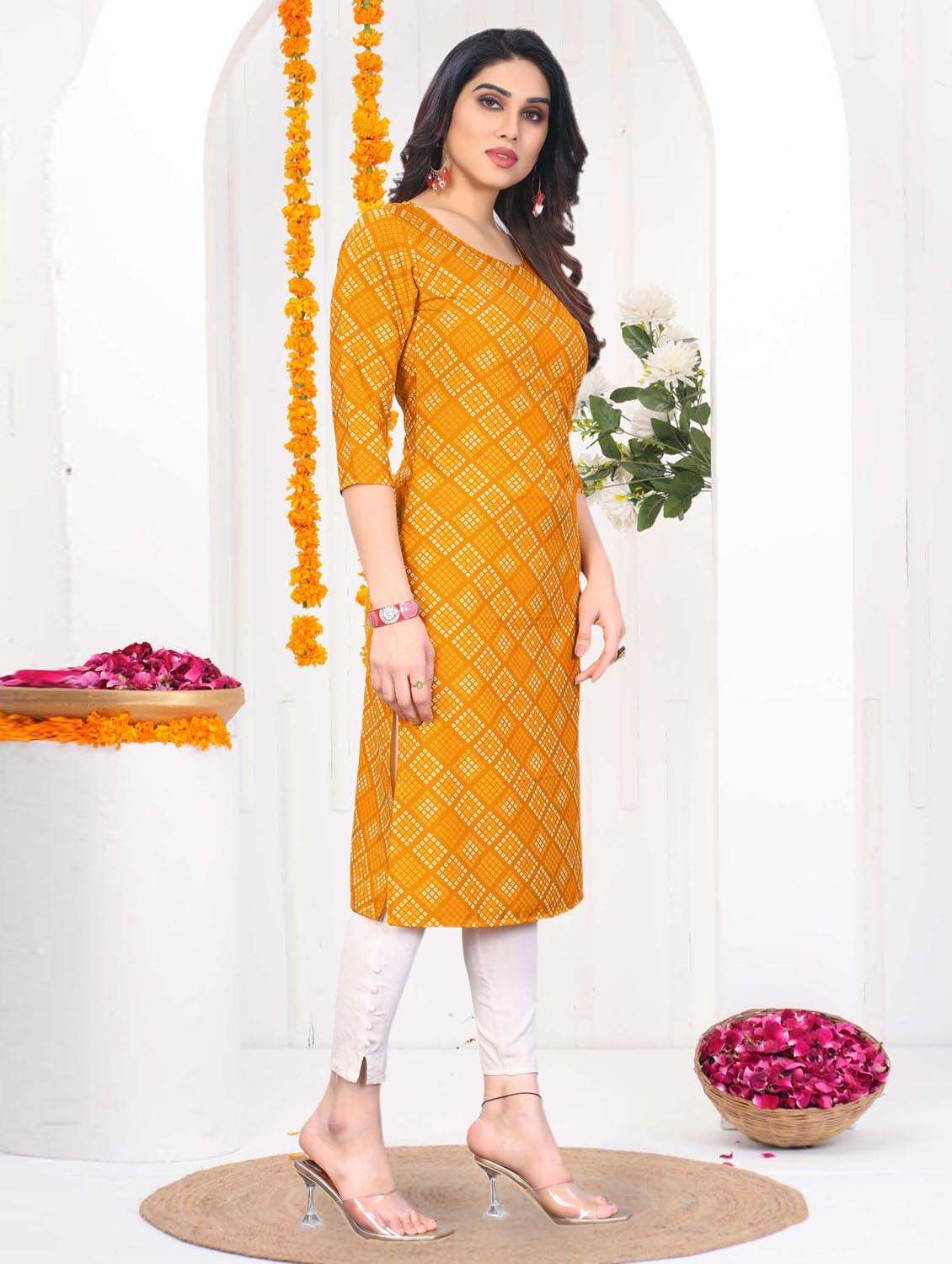 women printed three quarter sleeve straight kurta - 21965897 -  Standard Image - 2