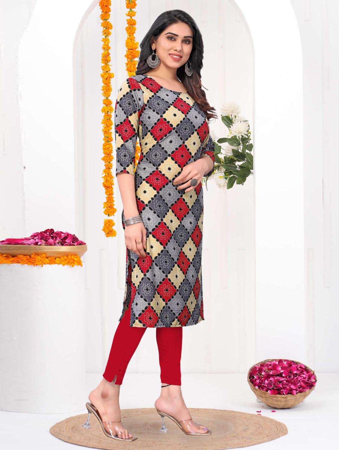women printed three quarter sleeve straight kurta - 21965901 -  Standard Image - 2