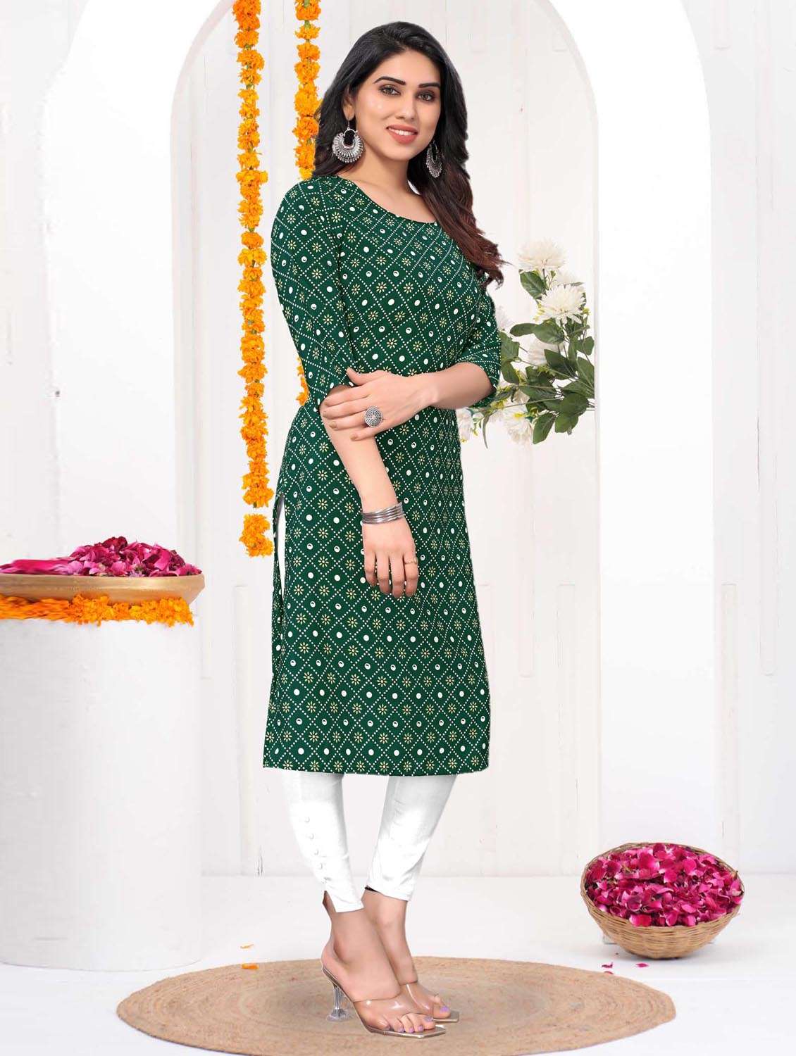women printed three quarter sleeve straight kurta - 21965905 -  Standard Image - 2