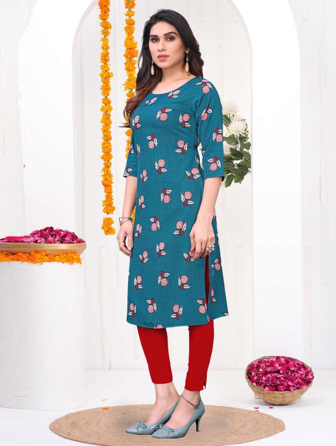 women printed three quarter sleeve straight kurta - 21965906 -  Standard Image - 2