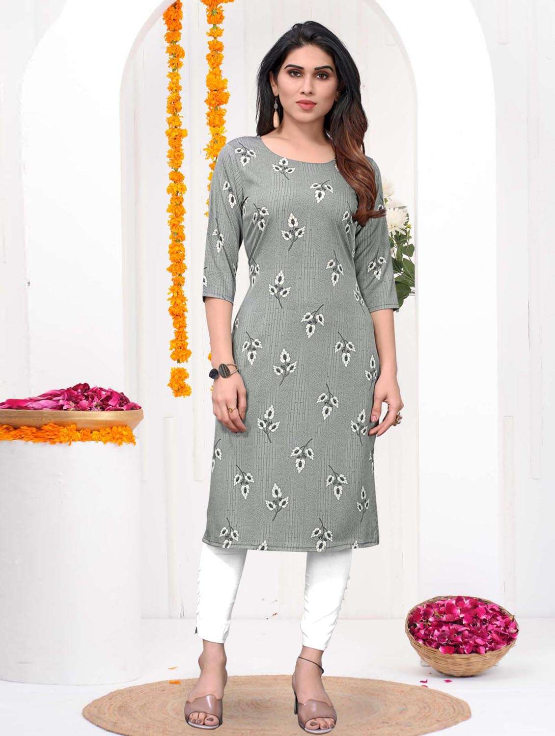 women printed three quarter sleeve straight kurta