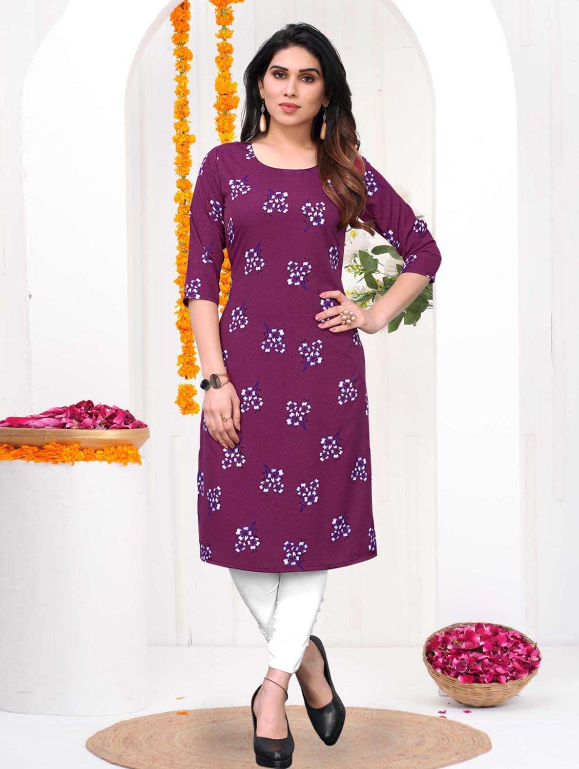 women printed three quarter sleeve straight kurta