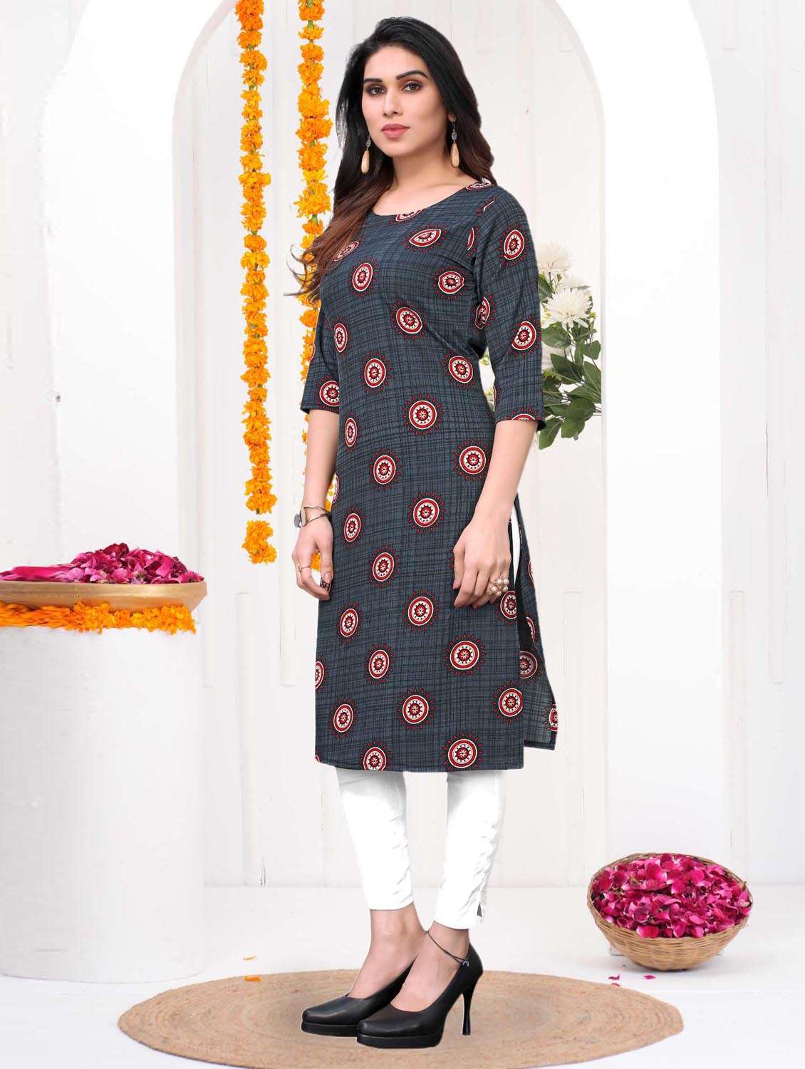 women printed three quarter sleeve straight kurta - 21965909 -  Standard Image - 2