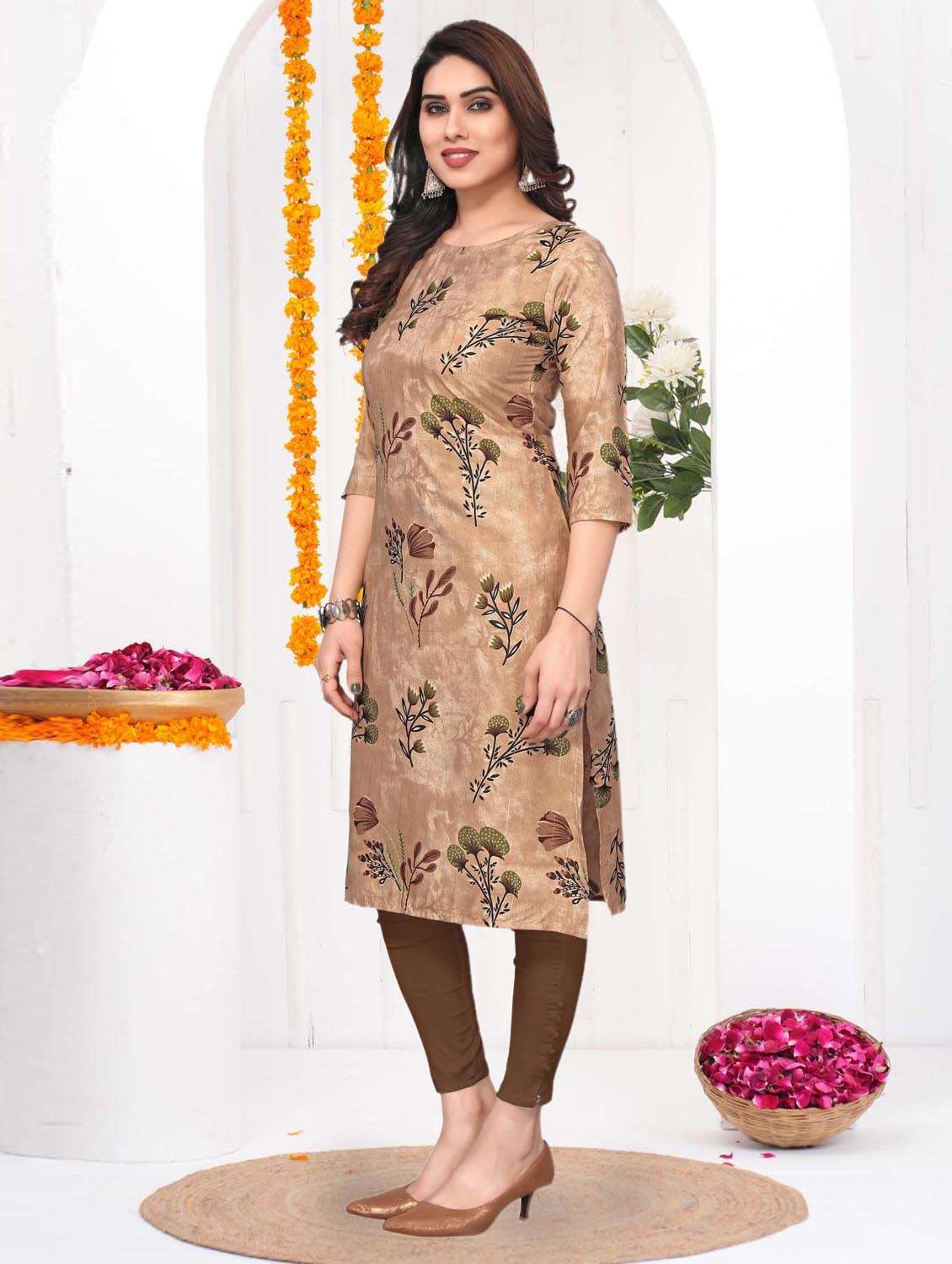 women printed three quarter sleeve straight kurta - 21965914 -  Standard Image - 2