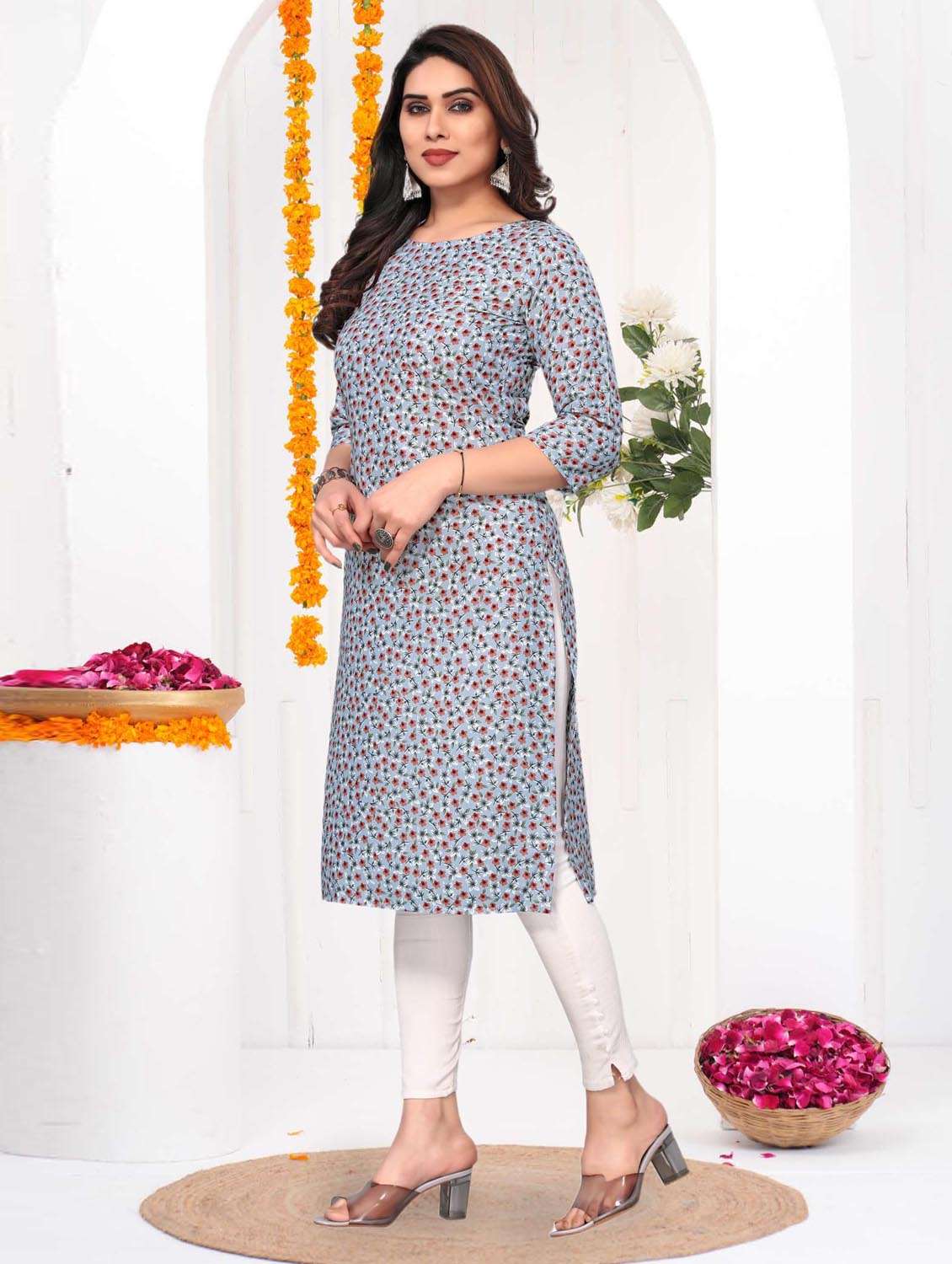 women printed three quarter sleeve straight kurta - 21965918 -  Standard Image - 2