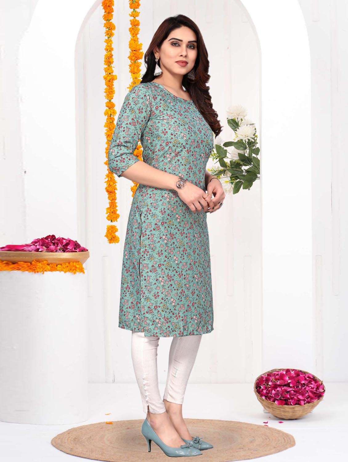 women printed three quarter sleeve straight kurta - 21965920 -  Standard Image - 2