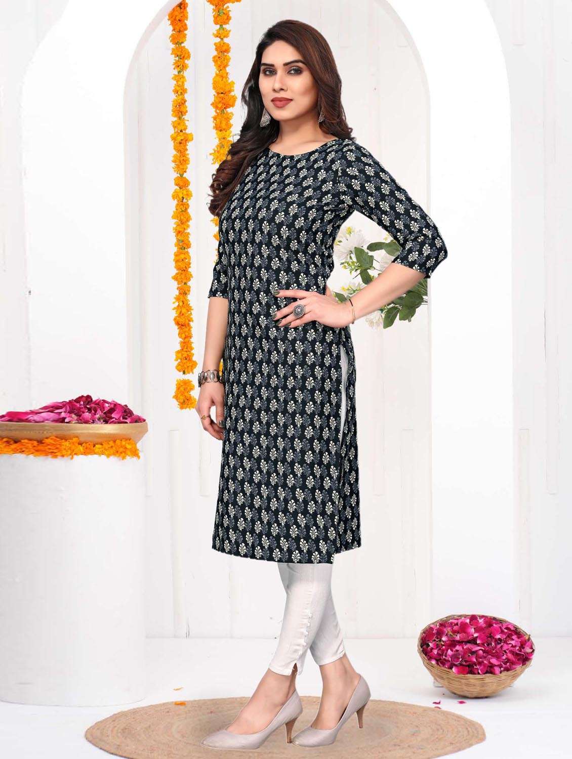 women printed three quarter sleeve straight kurta - 21965923 -  Standard Image - 2
