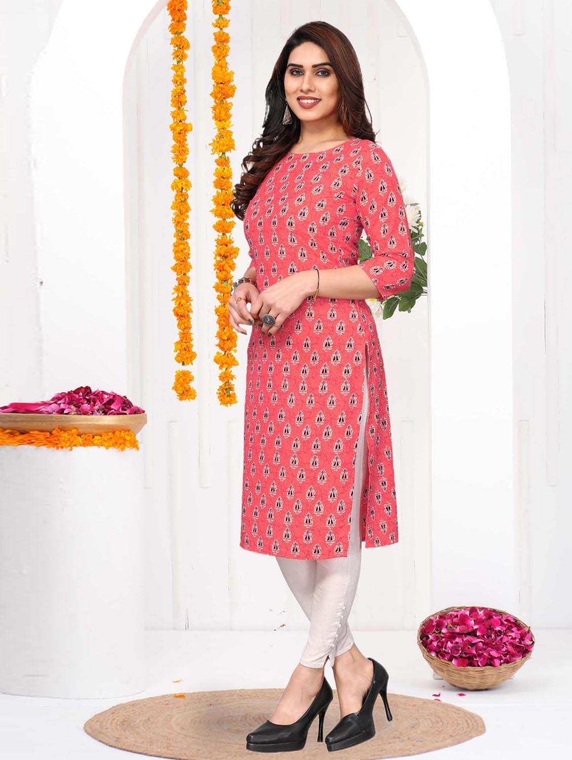 women printed three quarter sleeve straight kurta - 21965924 -  Standard Image - 2