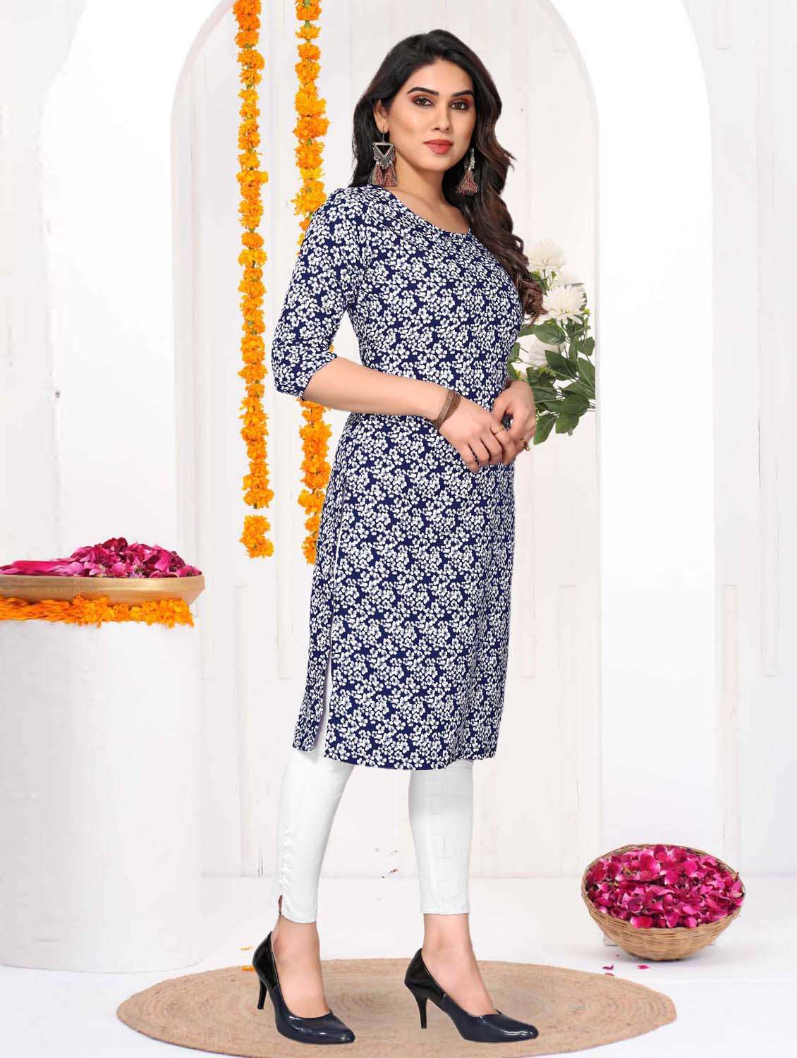 women printed three quarter sleeve straight kurta - 21965932 -  Standard Image - 2