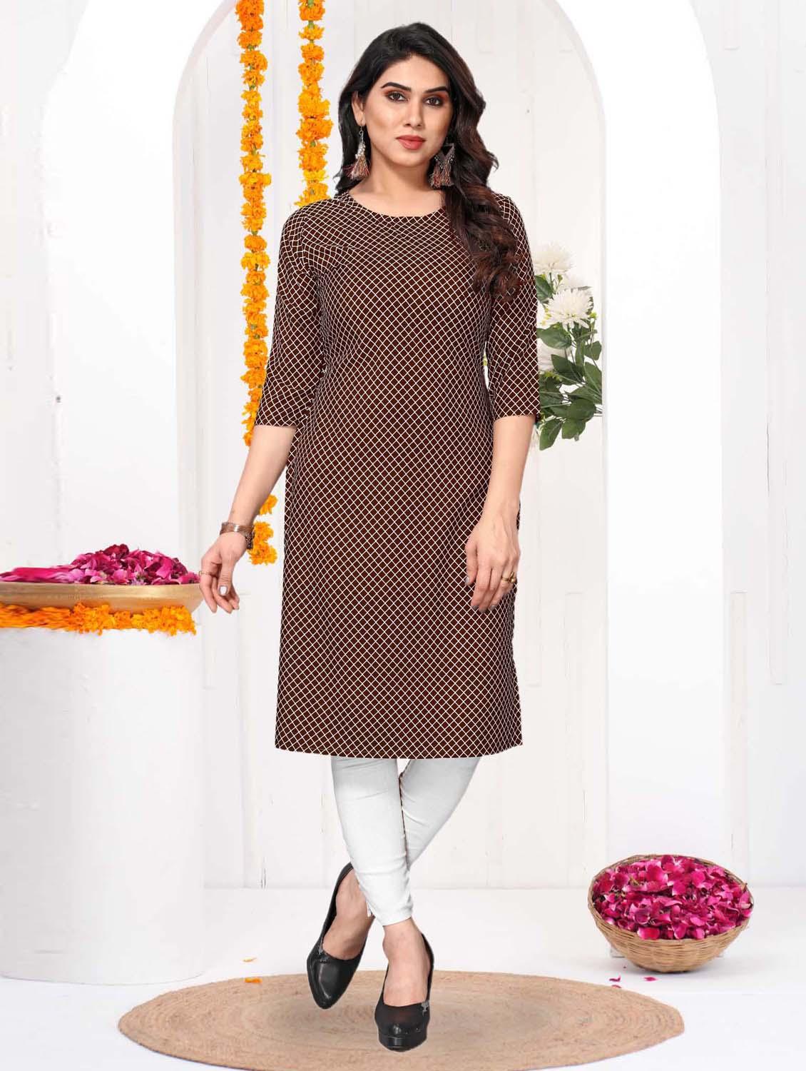 women checkered three quarter sleeve straight kurta - 21965933 -  Zoom Image - 0
