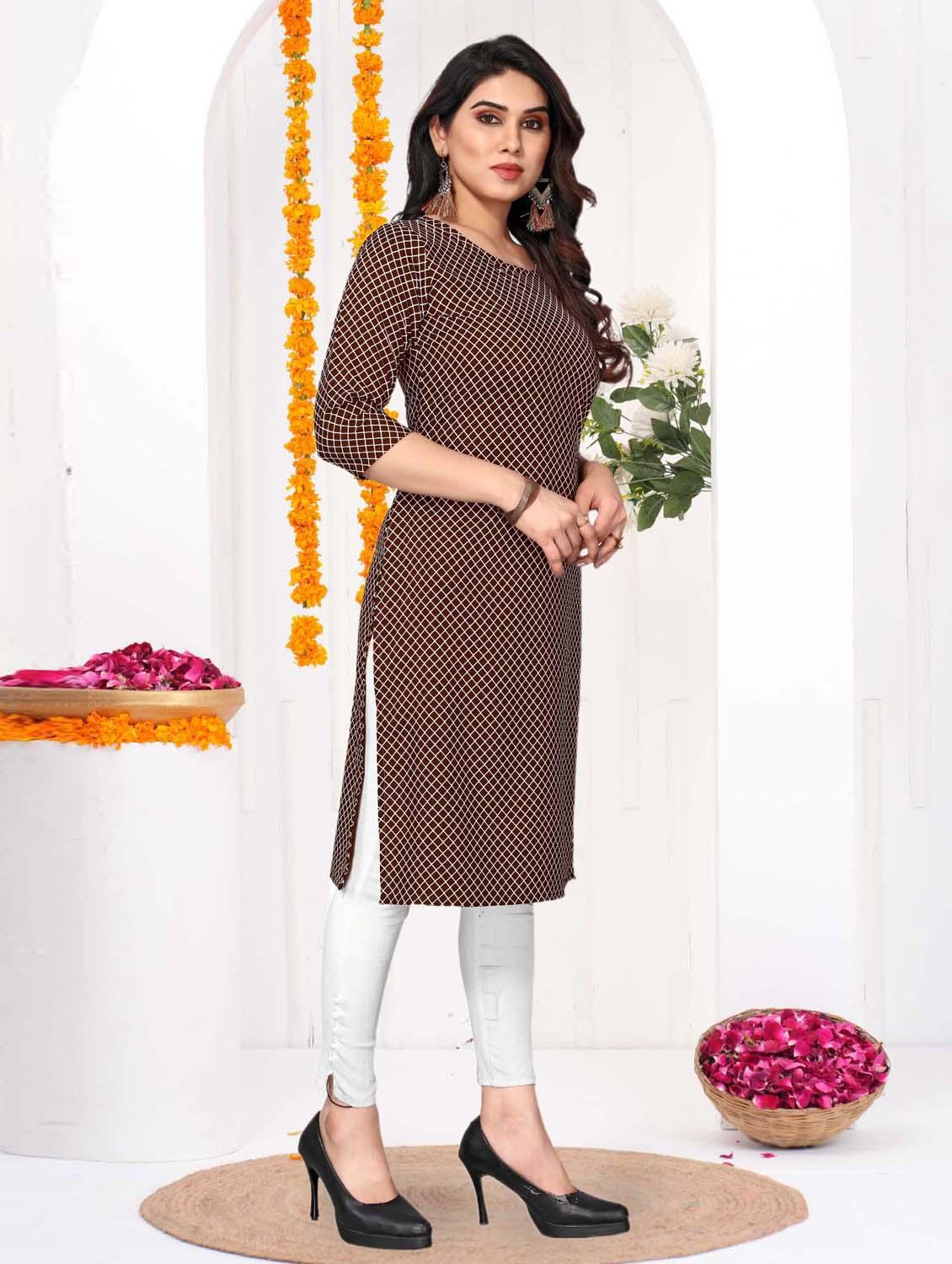 women checkered three quarter sleeve straight kurta - 21965933 - Standard Image - 2