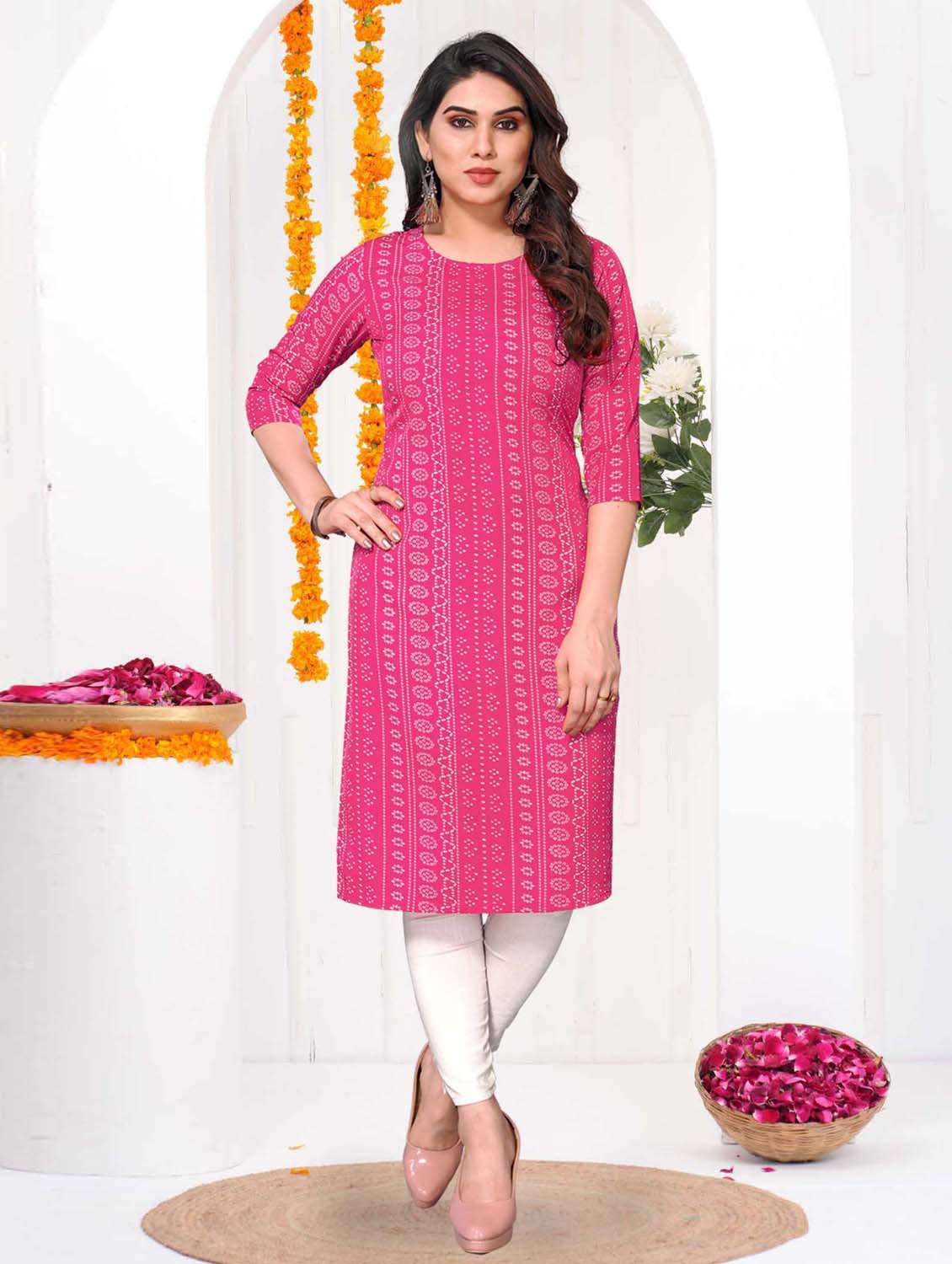 women printed three quarter sleeve straight kurta