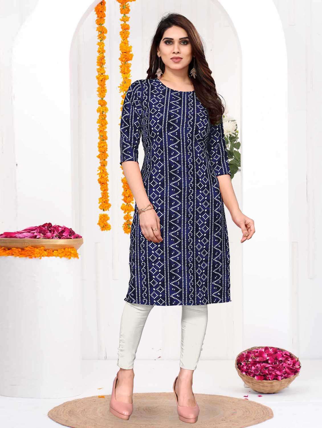 women printed three quarter sleeve straight kurta