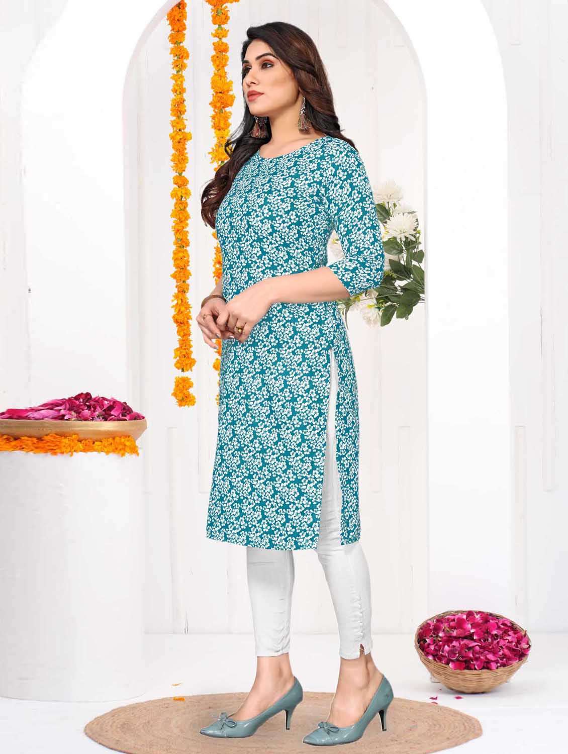 women printed three quarter sleeve straight kurta - 21965942 -  Standard Image - 2