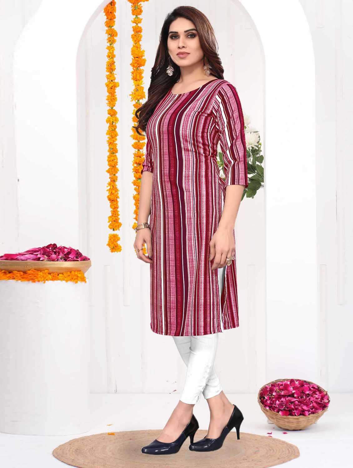 women striped three quarter sleeve straight kurta - 21965950 -  Standard Image - 2