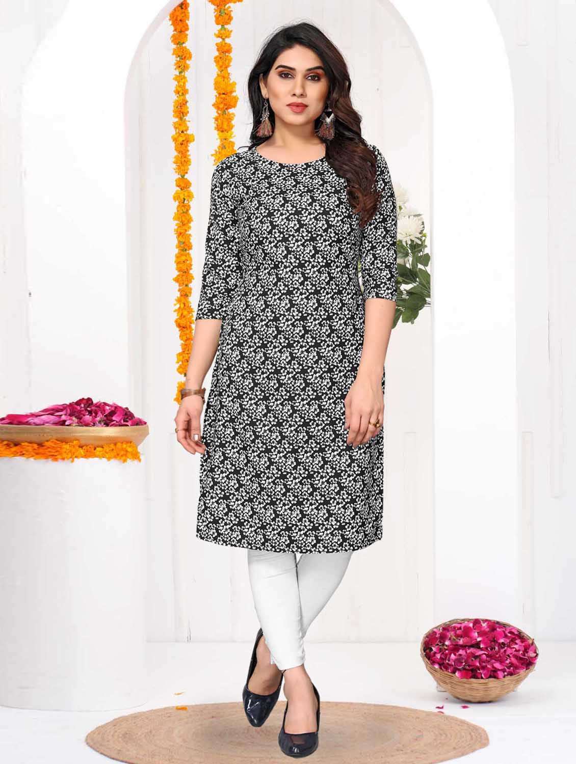 women printed three quarter sleeve straight kurta
