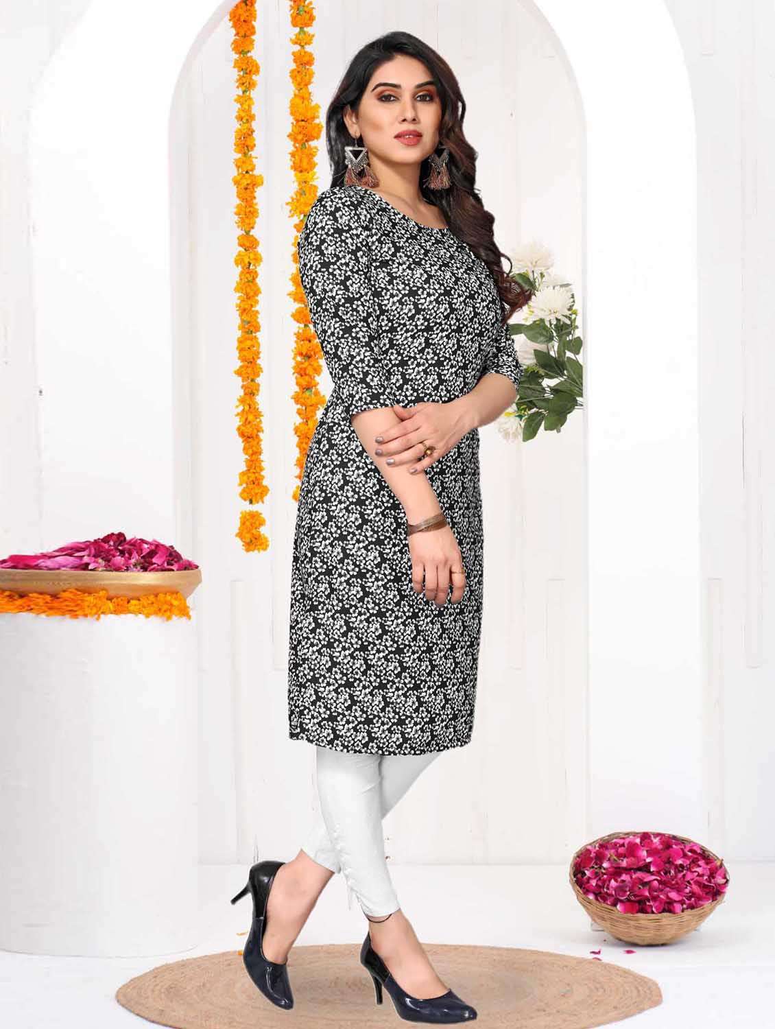 women printed three quarter sleeve straight kurta - 21965952 -  Standard Image - 2