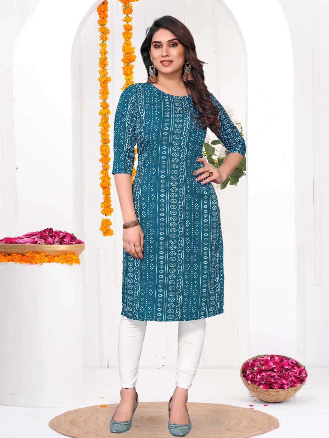 women printed three quarter sleeve straight kurta
