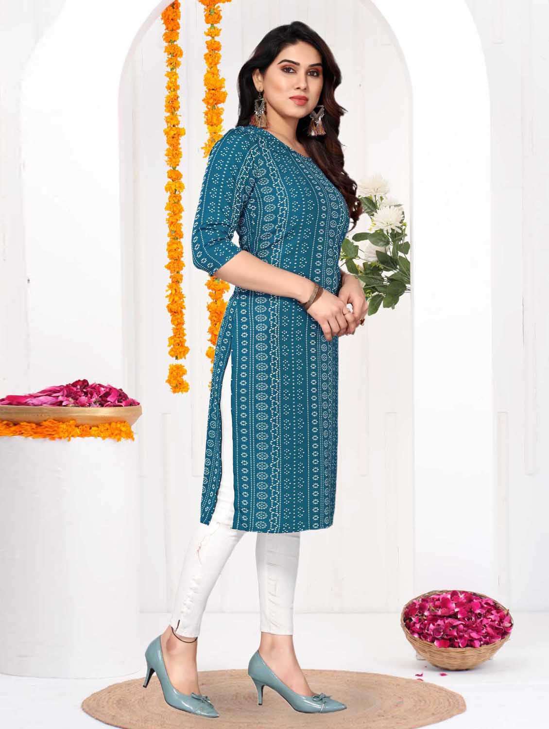 women printed three quarter sleeve straight kurta - 21965954 -  Standard Image - 2
