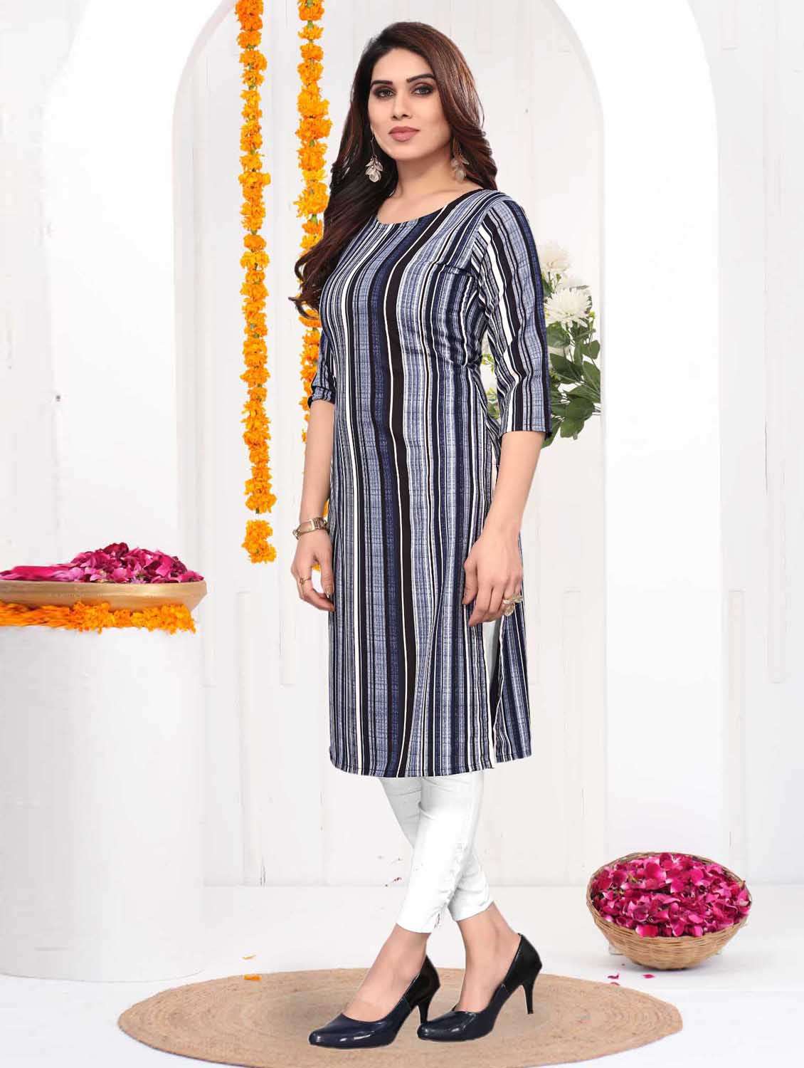 women striped three quarter sleeve straight kurta - 21965960 -  Standard Image - 2