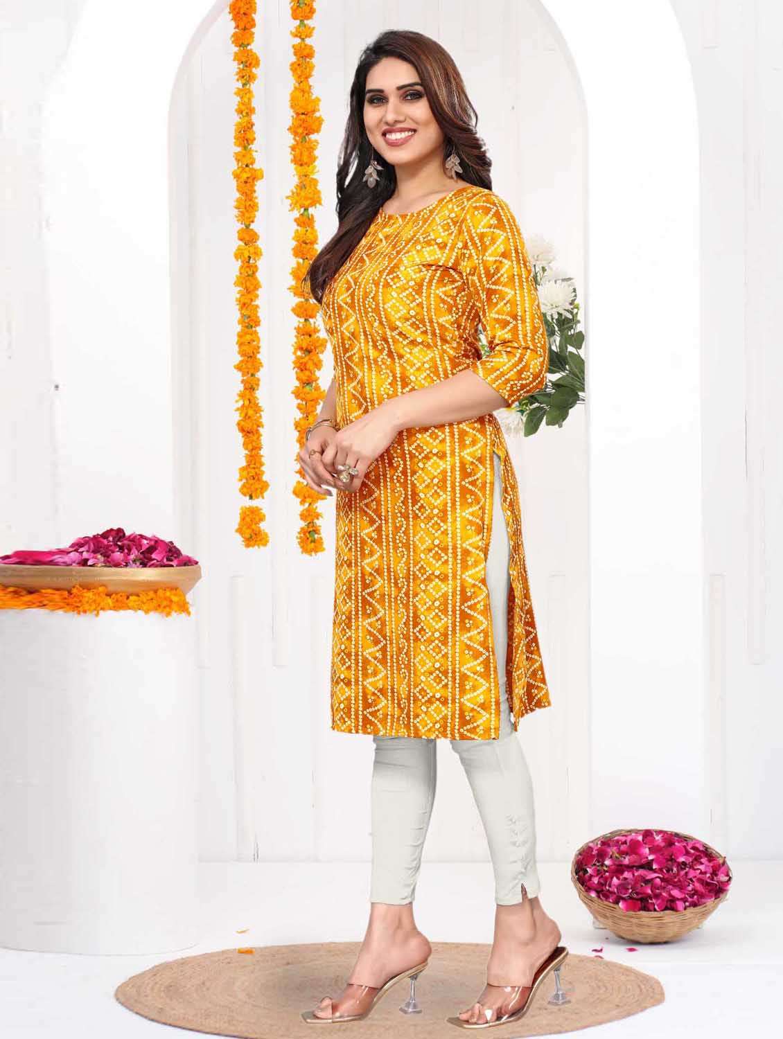 women printed three quarter sleeve straight kurta - 21965961 -  Standard Image - 2