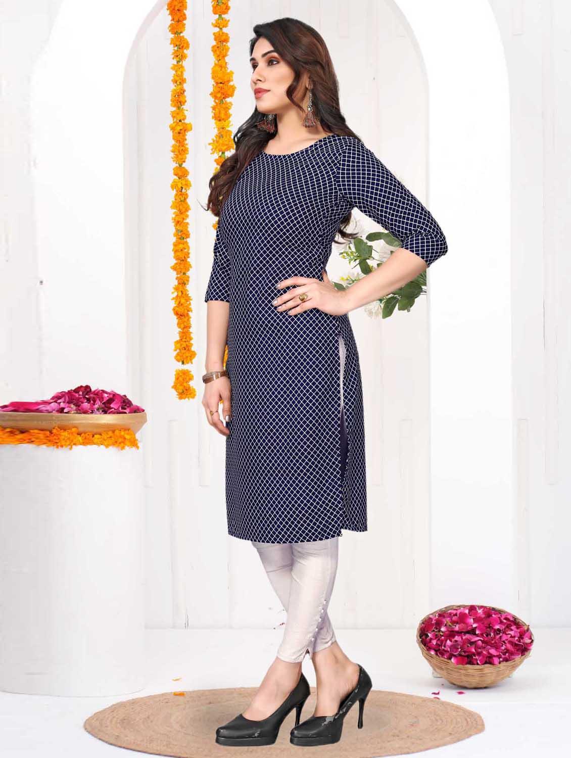 women checkered three quarter sleeve straight kurta - 21965963 - Standard Image - 2