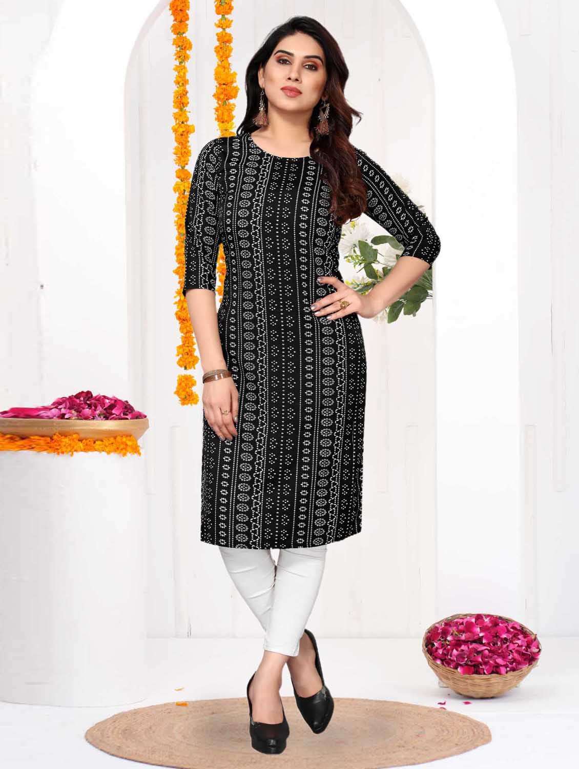 women printed three quarter sleeve straight kurta