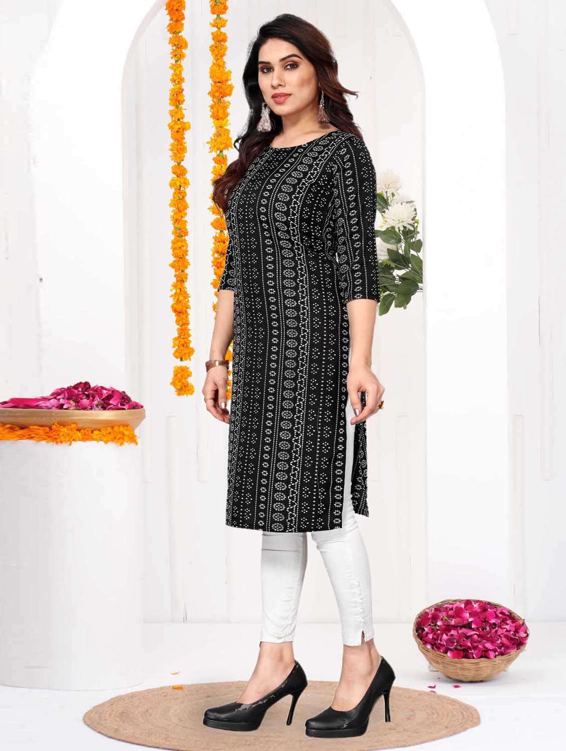 women printed three quarter sleeve straight kurta - 21965964 -  Standard Image - 2
