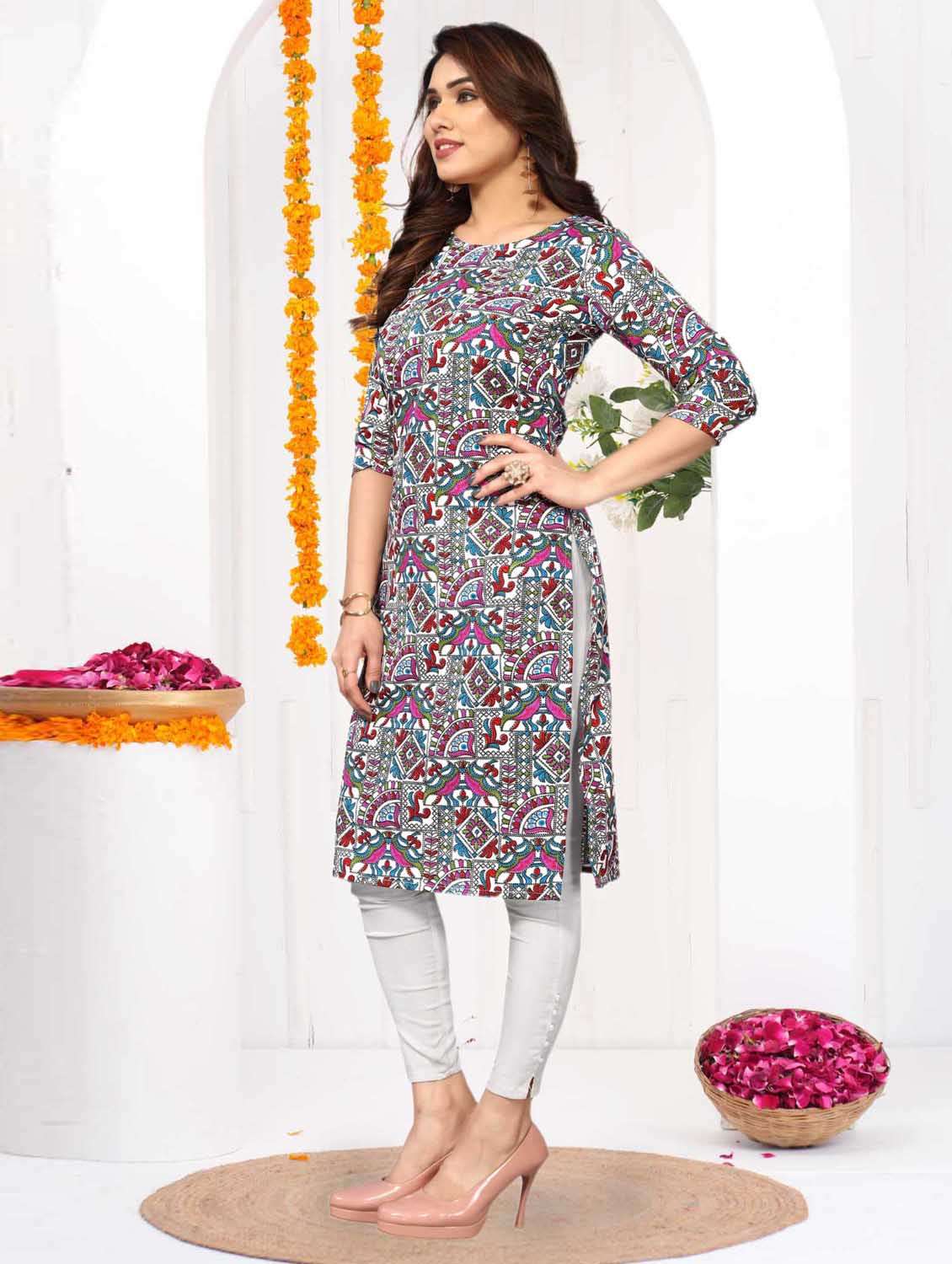 women printed three quarter sleeve straight kurta - 21965965 -  Standard Image - 2