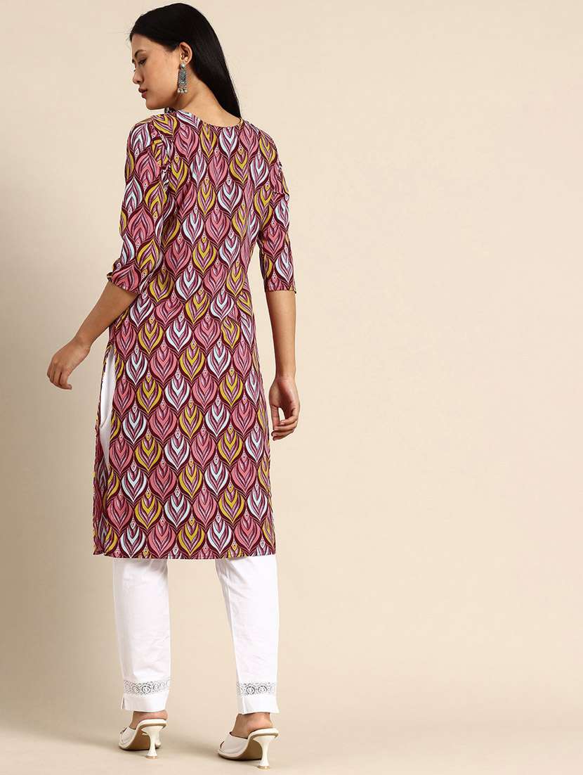 women printed three quarter sleeve straight kurta - 21965966 -  Standard Image - 2