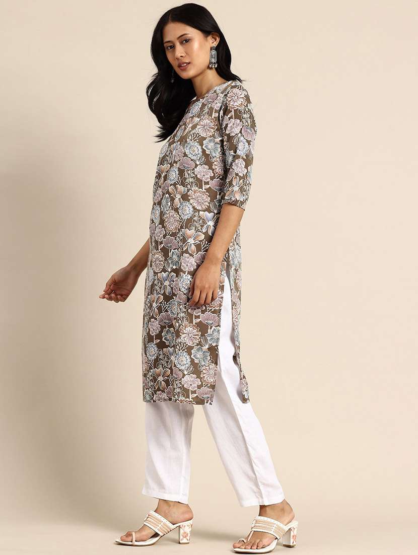 women printed three quarter sleeve straight kurta - 21965968 -  Standard Image - 2