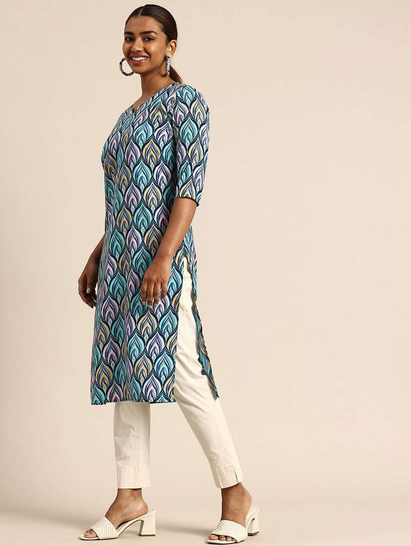women printed three quarter sleeve straight kurta - 21965971 -  Standard Image - 2