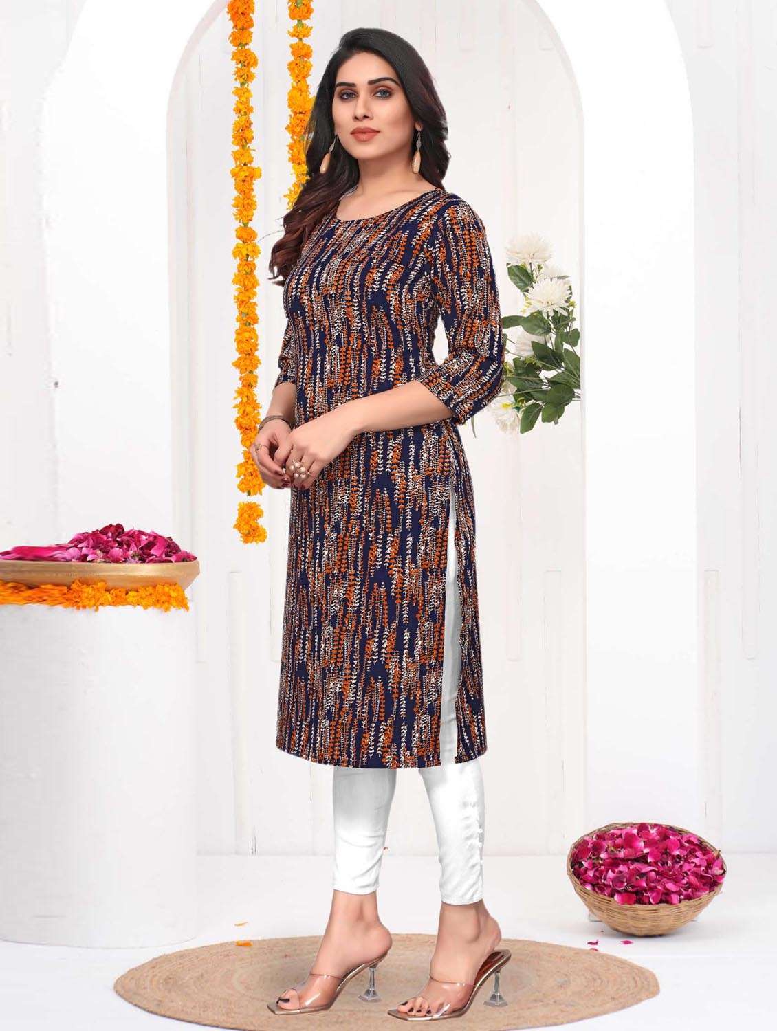 women printed three quarter sleeve straight kurta - 21965976 -  Standard Image - 2