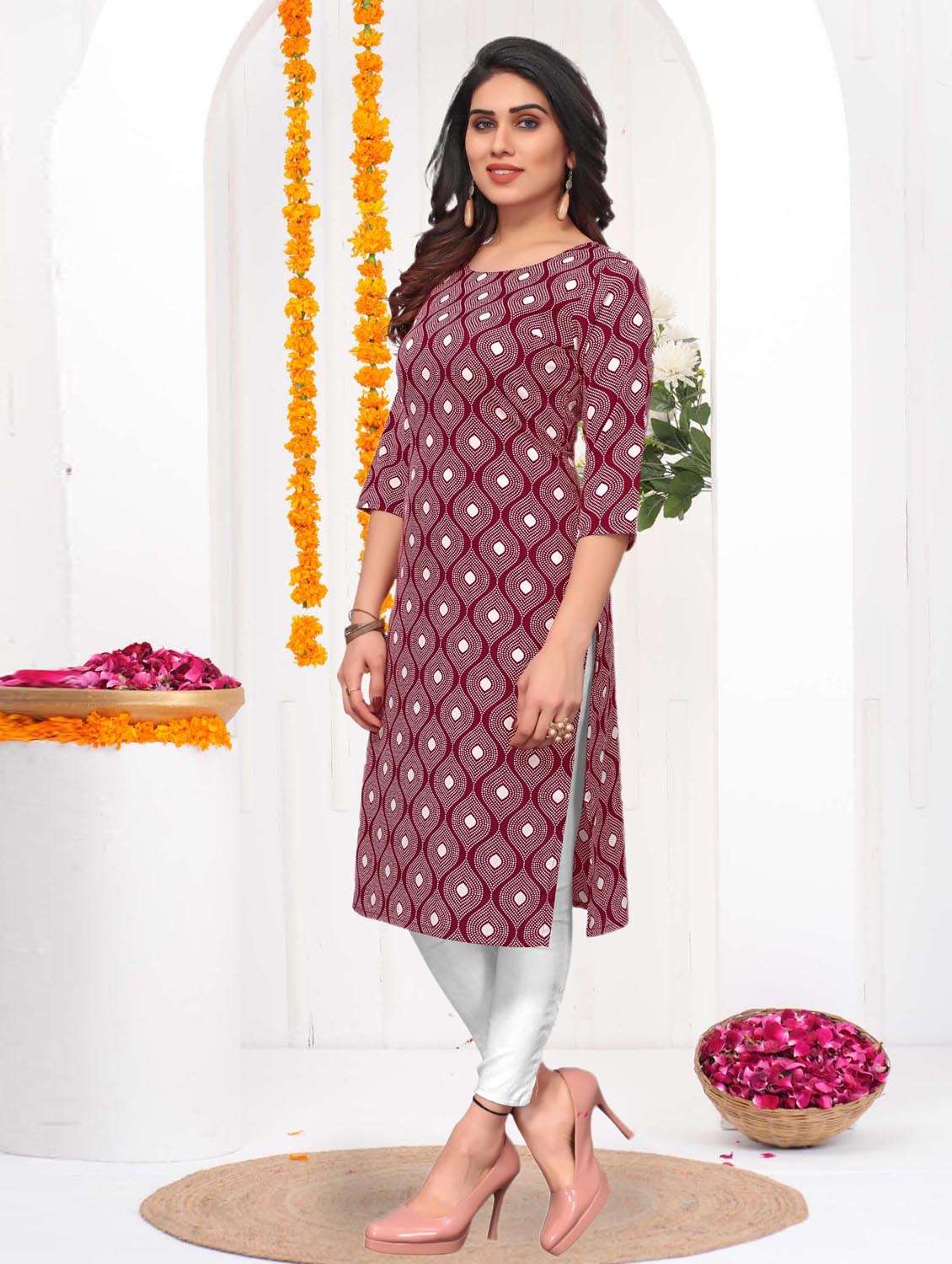women printed three quarter sleeve straight kurta - 21965977 -  Standard Image - 2