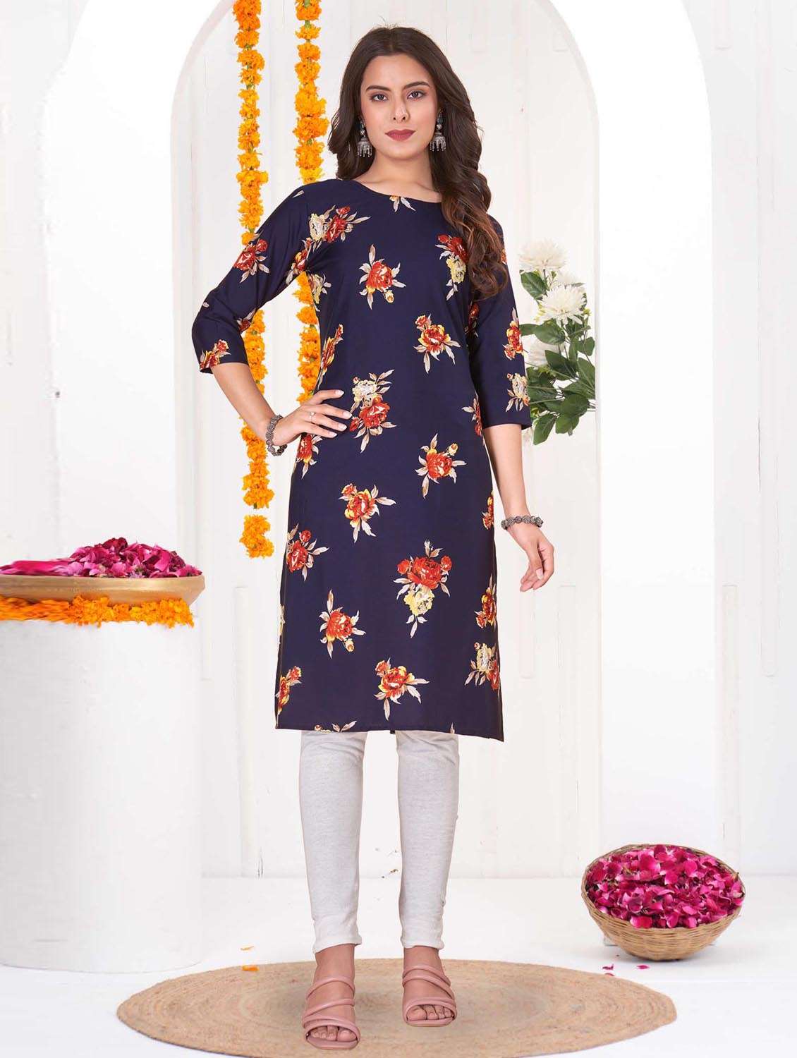 women printed three quarter sleeve straight kurta
