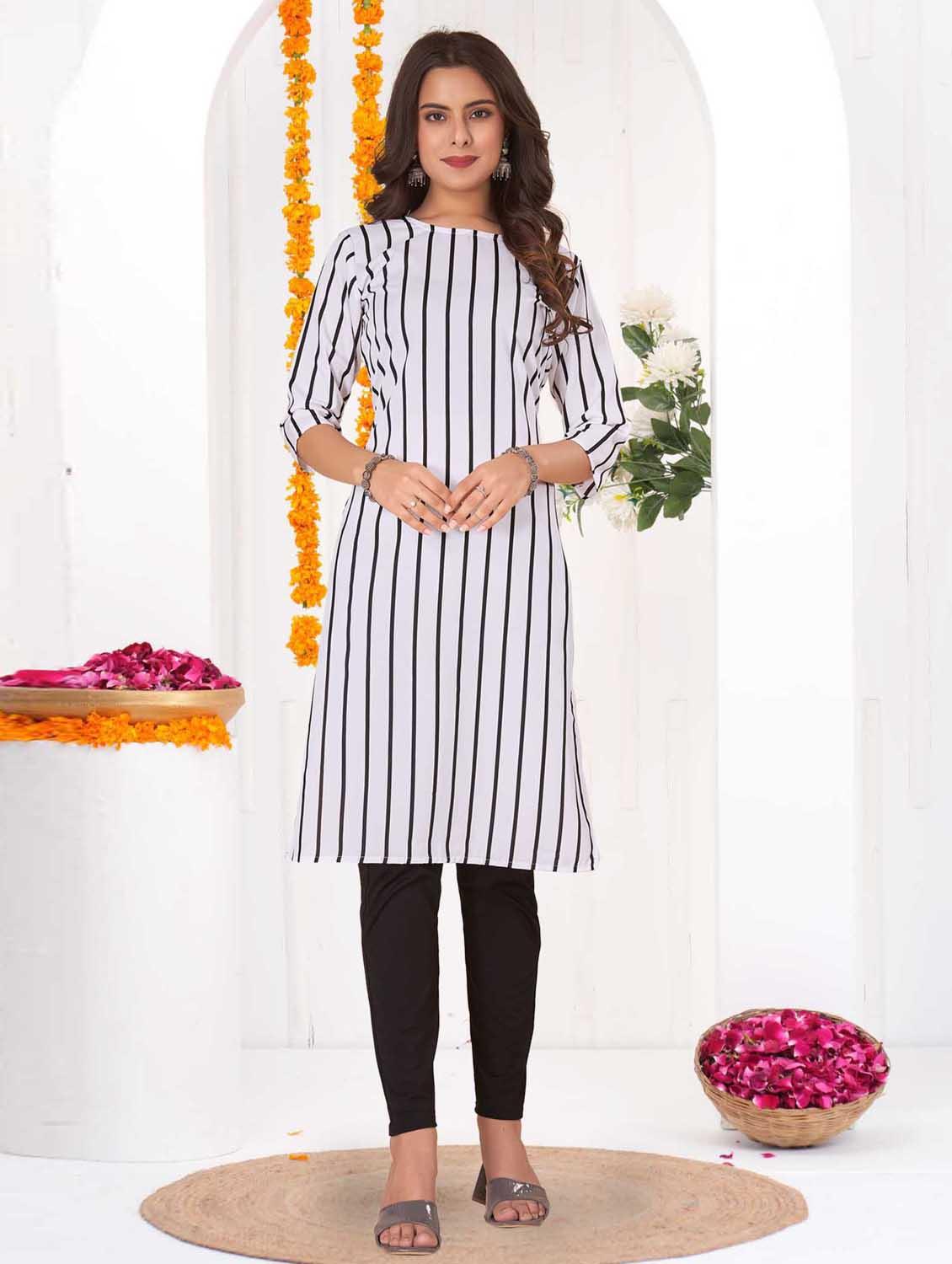 women striped three quarter sleeve straight kurta - 21965981 - Zoom Image - 0