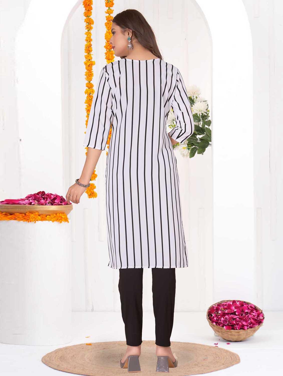 women striped three quarter sleeve straight kurta - 21965981 - Standard Image - 2