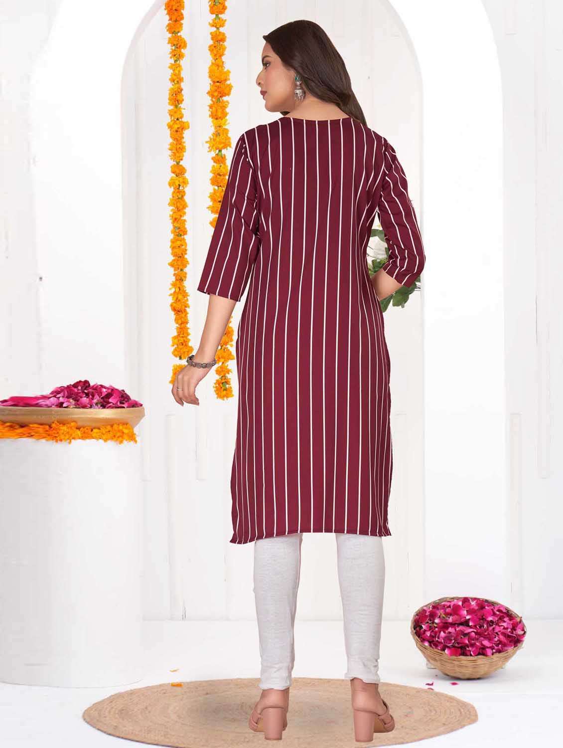 women striped three quarter sleeve straight kurta - 21965982 -  Standard Image - 2