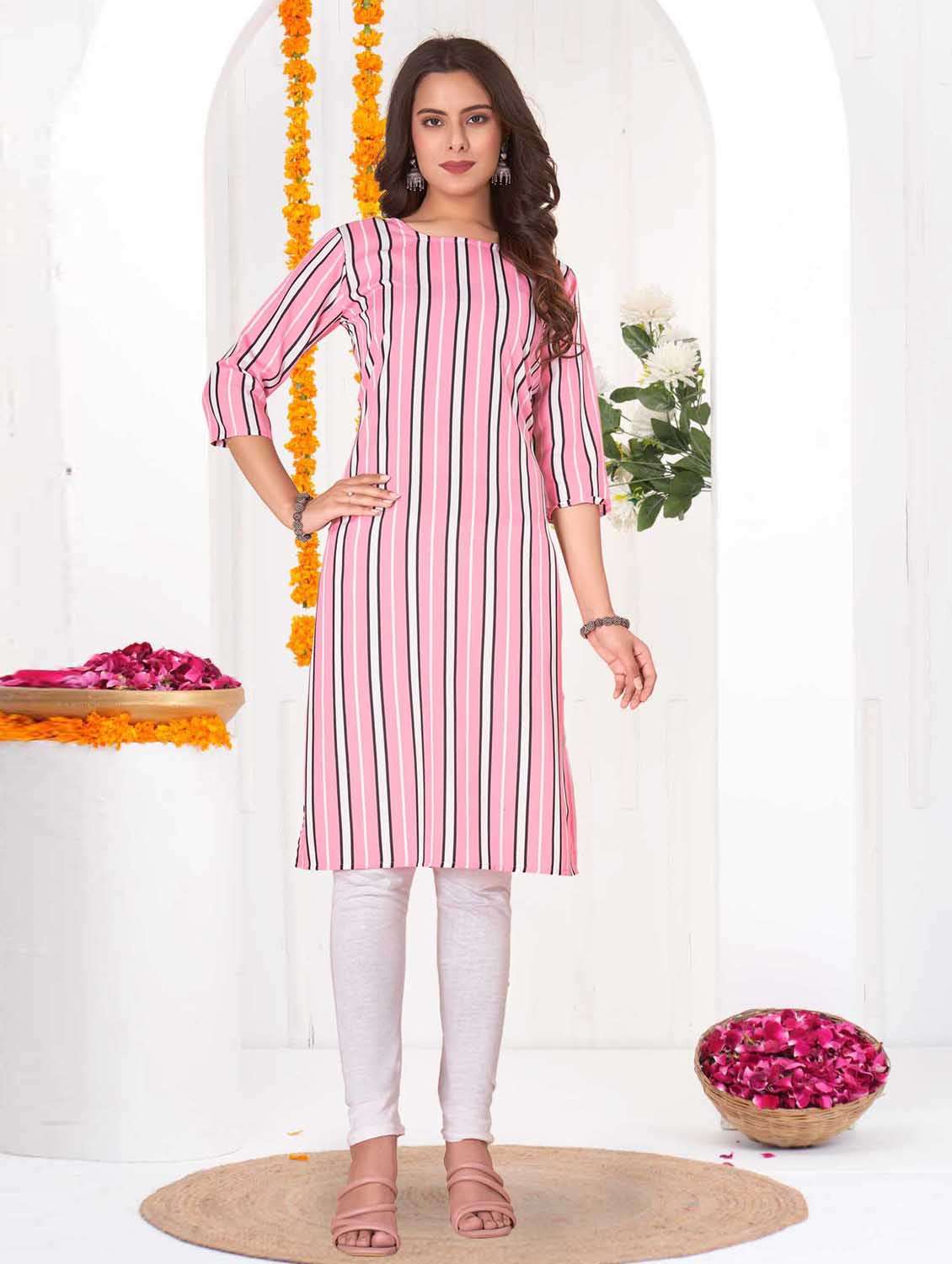 women striped three quarter sleeve straight kurta