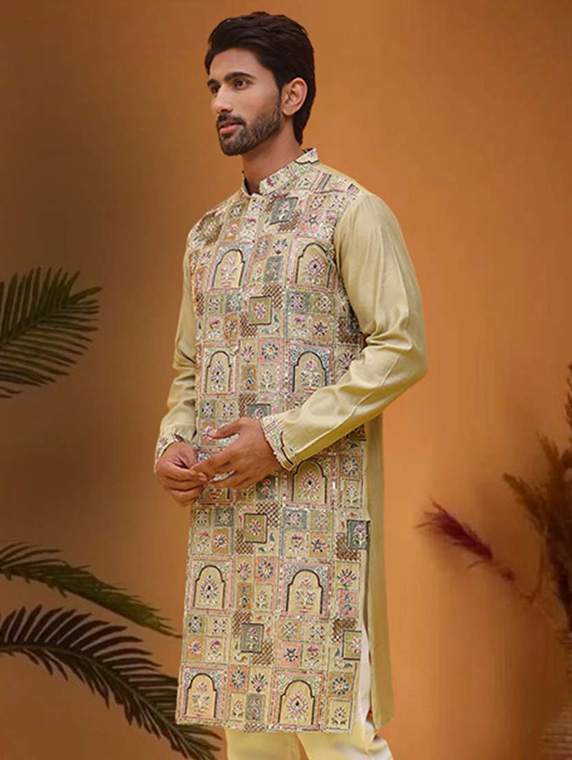 men embroidered mandarin neck long kurta - 21966042 -  Standard Image - 2